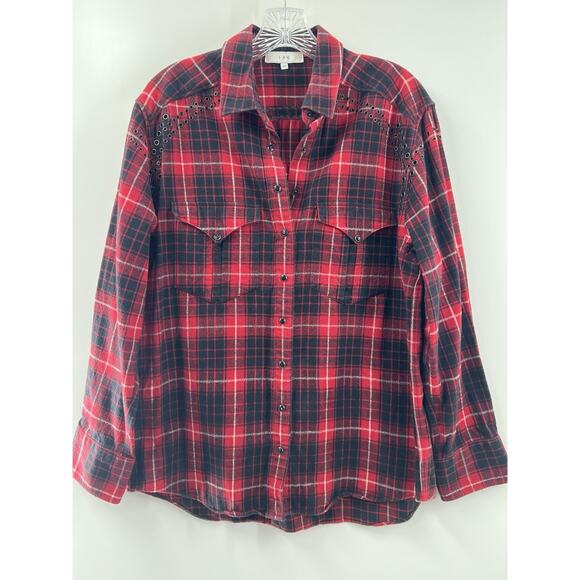 IRO Women’s Long Sleeve Flannel Snap Front Cotton Plaid Top Grommet Detail 38/6 - Picture 1 of 10